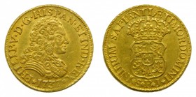 Felipe V (1700-1746). 1737 PJ. 2 escudos. Sevilla. (AC 1991). 6,75 gr. Au. RARÍSIMA. Prueba de metal en canto.
ebc+