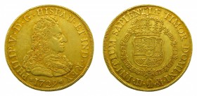 Felipe V (1700-1746). 1729 JJ. 8 escudos. Madrid. (AC 2187) (Cal.83). Sin indicador de valor. Primer busto. 26,91 gr. Au. Ensayador Juan Joseph Caball...