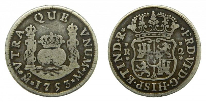 Fernando VI (1746-1759). 1753 M. 2 reales. México. (AC 294). Columnario. 6,59 gr...