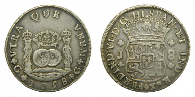 Fernando VI (1746-1759). 1758 J. 8 reales. Guatemala. Columnario. (AC 436). 26,8...