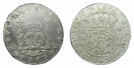 Fernando VI (1746-1759). 1758 MM. 8 reales. México. Columnario. (AC 494). 26,71 gr. Ag. Leve defecto en reverso.
mbc