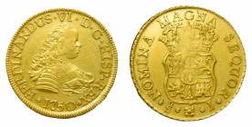 Fernando VI (1746-1759). 1750/5 J. 4 Escudos. Santiago. (AC 742). 13,53 gr. Au. Escasa. Excelente pieza.
sc-