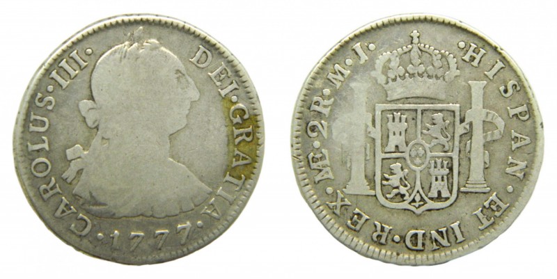 Carlos III (1759-1788). 1777 MJ. 2 reales. Lima. (AC 590). 6,26 gr. Ag.
bc