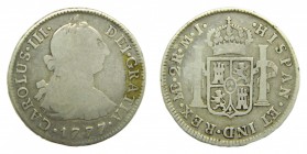 Carlos III (1759-1788). 1777 MJ. 2 reales. Lima. (AC 590). 6,26 gr. Ag.
bc