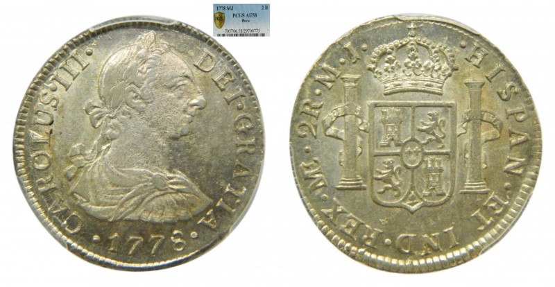 Carlos III (1759-1788). 1778 MJ. 2 reales. Lima. (AC 839). PCGS AU58. RARA en es...