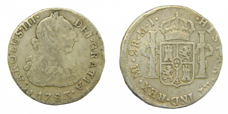 Carlos III (1759-1788). 1783 MI. 2 reales. Lima. (AC 598). Leve desplazamiento. ...