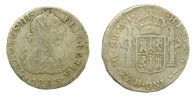 Carlos III (1759-1788). 1783 MI. 2 reales. Lima. (AC 598). Leve desplazamiento. 6,18 gr. Ag.
bc