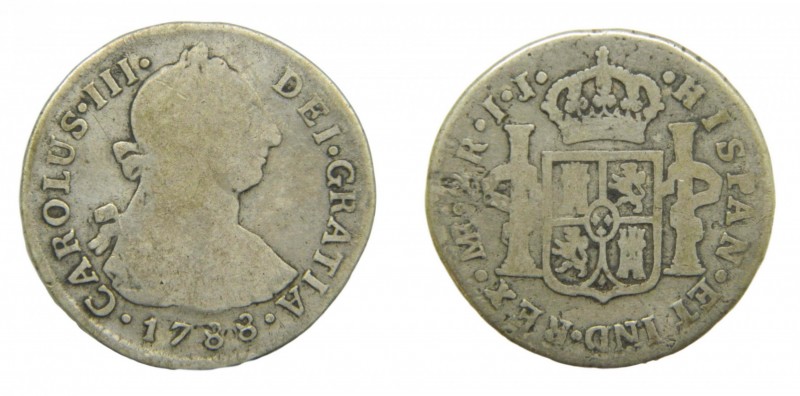 Carlos III (1759-1788). 1788 IJ. 2 reales. Lima. (AC 604). 6,32 gr. Ag.
bc