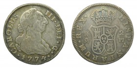 Carlos III (1759-1788). 1774 PJ. 2 reales. Madrid. (AC 623). 5,72 gr. Ag.
bc