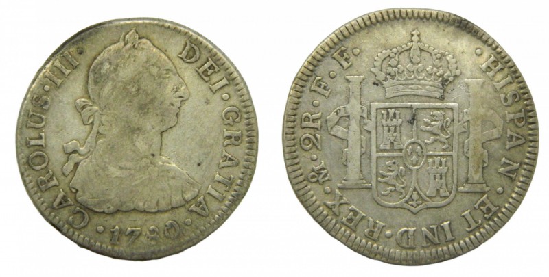 Carlos III (1759-1788). 1780 FF. 2 reales. México. (AC 669). 6,63 gr. Ag.
bc+