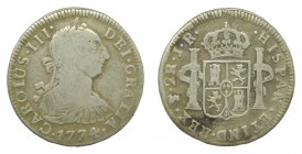 Carlos III (1759-1788). 1774 JR. 2 reales. Potosí. (AC 714). 6,57 gr. Ag.
bc