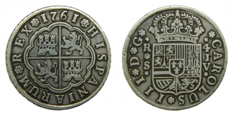 Carlos III (1759-1788). 1761 JV. 4 reales. Sevilla. (AC 977). 12,93 gr. Ag. Limp...