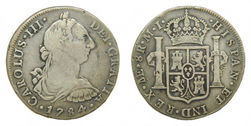 Carlos III (1759-1788). 1784 MI. 8 reales. Lima. (AC 1053). 26,78 gr. Ag. Marqui...
