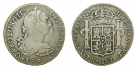 Carlos III (1759-1788). 1784 MI. 8 reales. Lima. (AC 1053). 26,78 gr. Ag. Marquitas en reverso.
bc