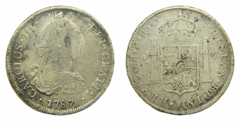 Carlos III (1759-1788). 1787 PR. 8 reales. Potosí. (AC 1193). Hojitas en reverso...