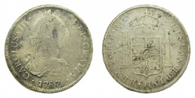 Carlos III (1759-1788). 1787 PR. 8 reales. Potosí. (AC 1193). Hojitas en reverso. 26,71 gr. Ag.
bc