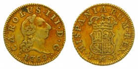 Carlos III (1759-1788). 1769 PJ. 1/2 escudo. Madrid. (AC 1253). 1,76 gr. Au. Rayitas de ajuste en anverso.
bc+
