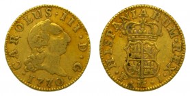 Carlos III (1759-1788). 1770 PJ. 1/2 escudo. Madrid. (AC 1254). 1,72 gr. Au.
bc+