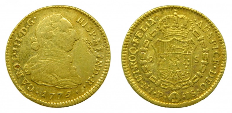 Carlos III (1759-1788). 1775/4 JS. 2 escudos. Popayán. (AC 1632). 6,75 gr. Au. D...