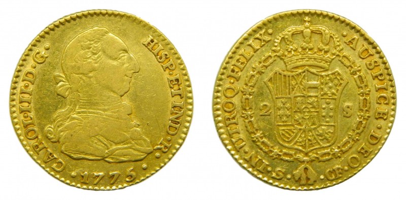 Carlos III (1759-1788). 1775 CF. 2 escudos. Sevilla. (AC 1728). 6,74 gr. Au.
mb...
