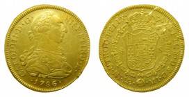 Carlos III (1759-1788). 1786 MI. 8 escudos. Lima. (AC 1949). 27,03 gr. Au. Marquitas en reverso. Restos de brillo original.
mbc+