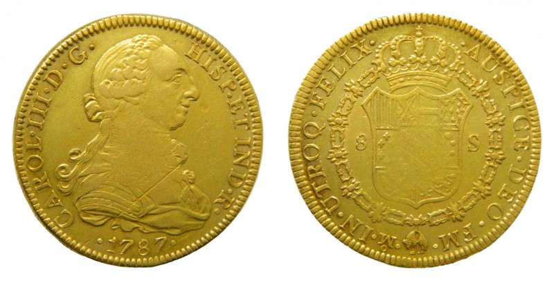 Carlos III (1759-1788). 1787 FM. 8 escudos. México. (AC 2022). 27 gr. Au. Ceca y...