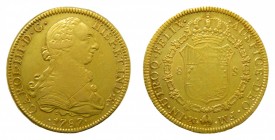 Carlos III (1759-1788). 1787 FM. 8 escudos. México. (AC 2022). 27 gr. Au. Ceca y ensayadores invertidos. Leve rayita de ajuste en anverso.
mbc+
