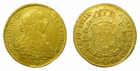Carlos III (1759-1788). 1783 DA. 8 escudos. Santiago. (AC 2168). 26,95 gr. Au. Hojita en anverso y rayitas de ajuste en anverso.
mbc+