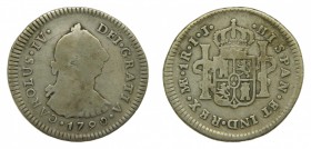 Carlos IV (1788-1808). 1790 IJ. 1 real. Lima. (AC 386). 3,29 gr. Ag. Muy escasa.
mbc-