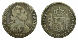 Carlos IV (1788-1808). 1792 PR. 1 real. Potosí. (AC 463). Primer busto propio. 3,33 gr. Ag.
bc