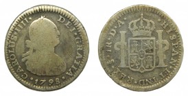 Carlos IV (1788-1808). 1798 DA . 1 real. Santiago. (AC 517). 3,23 gr. Ag.
bc+