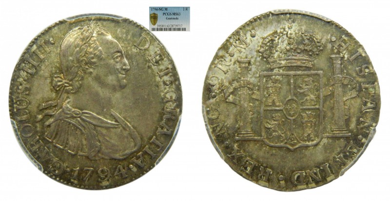 Carlos IV (1788-1808). 1794 M NG. 2 reales. Guatemala. Ag. PCGS MS63. (AC 551). ...