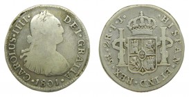 Carlos IV (1788-1808). 1801 IJ. 2 reales. Lima. (AC 584). 6,61 gr. Ag.
bc+