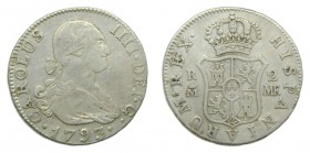 Carlos IV (1788-1808). 1793 MF. 2 reales. Madrid. (AC 600). 5,77 gr. Ag.
mbc