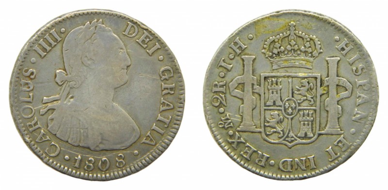 Carlos IV (1788-1808). 1808 TH. 2 reales. México. (AC 651). 6,61 gr. Ag. Rayitas...