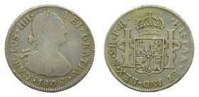 Carlos IV (1788-1808). 1808 TH. 2 reales. México. (AC 651). 6,61 gr. Ag. Rayitas an anverso. Limpiada.
bc