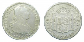 Carlos IV (1788-1808). 1807 PJ. 2 reales. Potosí. (AC 676). 6,72 gr. Ag. Limpiada.
mbc