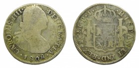 Carlos IV (1788-1808). 1808 PJ. 2 reales. Potosí. (AC 677). 6,43 gr. Ag.
bc
