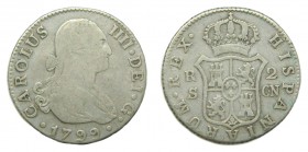 Carlos IV (1788-1808). 1799 CN. 2 reales. Sevilla. (AC 719). 5,63 gr. Ag.
bc