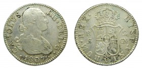 Carlos IV (1788-1808). 1807 CN. 2 reales. Sevilla. (AC 727). 5,69 gr. Ag.
mbc-