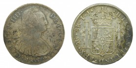 Carlos IV (1788-1808). 1802 IJ. 8 reales. Lima. (AC 920). 26,76 gr. Ag. Repicada.
mbc