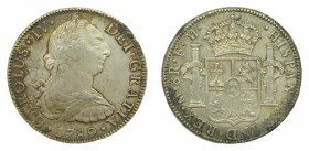 Carlos IV (1788-1808). 1789 FM. 8 reales. México. (AC 950). 26,91 gr. Ag. Leves rayitas.Defecto en canto. Busto de Carlos III. Ordinal IV.
mbc