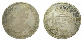 Carlos IV (1788-1808). 1794 FM. 8 reales. México. (AC 956). 26,91 gr. Ag. Leves oxidaciones.
mbc