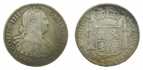 Carlos IV (1788-1808). 1801 FT/FM. 8 reales. México. (AC 971). 27 gr. Ag. Leves oxidaciones en reverso.
mbc-