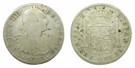 Carlos IV (1788-1808). 1805 TH. 8 reales. México. (AC 983). 26,45 gr. Ag. Resellos chinos.
bc+