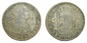 Carlos IV (1788-1808). 1808 TH. 8 reales. México. (AC 988). 27,02 gr. Ag. Restos de brillo original.
mbc+