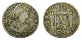 Carlos IV (1788-1808). 1795 PP. 8 reales. Potosí. (AC 999). 26,45 gr. Ag. Resellos chinos.
bc