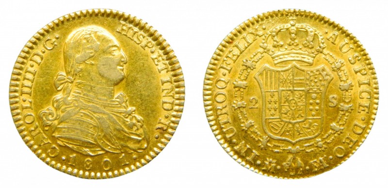 Carlos IV (1788-1808). 1801 FA/MF. 2 escudos. Madrid. (AC 1302). 6,84 gr. Au.
m...