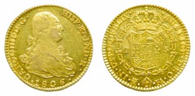 Carlos IV (1788-1808). 1806 FA. 2 escudos. Madrid. (AC 1314). 6,66 gr. Au. Rayitas de ajuste.
mbc+