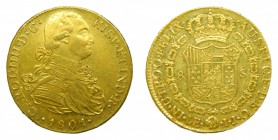 Carlos IV (1788-1808). 1801IJ. 8 escudos. Lima. (AC 1602). 27,06 gr. Au. Brillo original. Leve hojita en anverso. Muy bonita.
ebc-